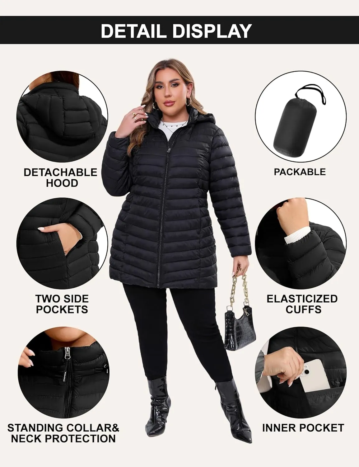 ANOTHER CHOICE Plus Size Puffer Jacket for women, Packable Hooded Lightweight Travel Puffy Jacket (1X-6X)