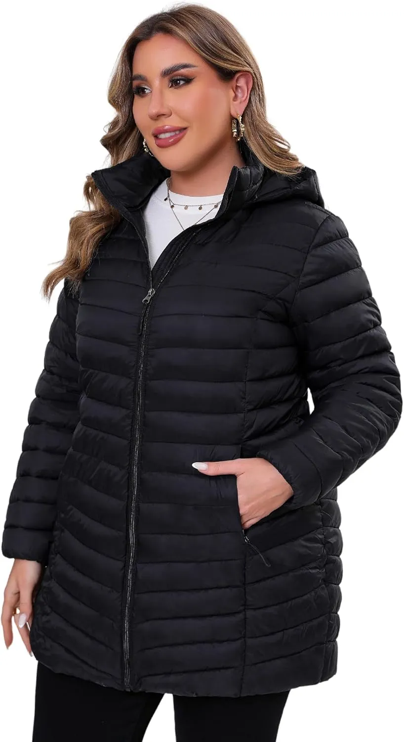 ANOTHER CHOICE Plus Size Puffer Jacket for women, Packable Hooded Lightweight Travel Puffy Jacket (1X-6X)