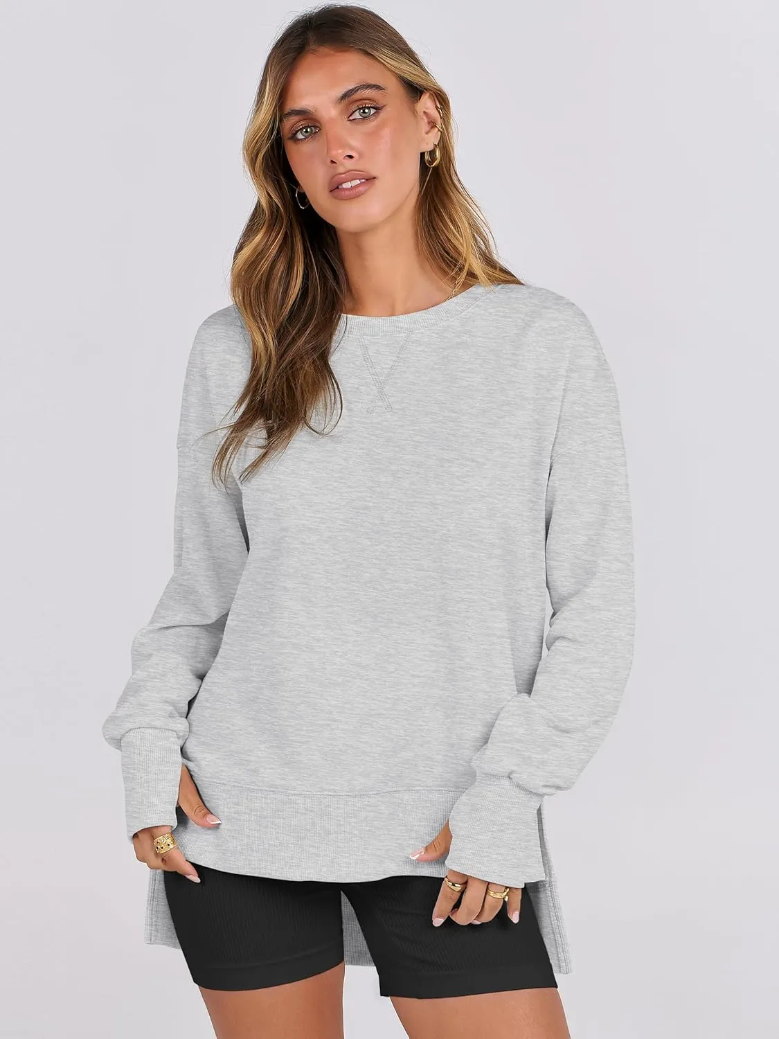 ANRABESS Sweatshirts for women 2025 Fall Fashion Long Sleeve Shirts Crewneck Lightweight Side Split Casual Pullover Top