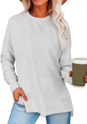 ANRABESS Sweatshirts for women 2025 Fall Fashion Long Sleeve Shirts Crewneck Lightweight Side Split Casual Pullover Top