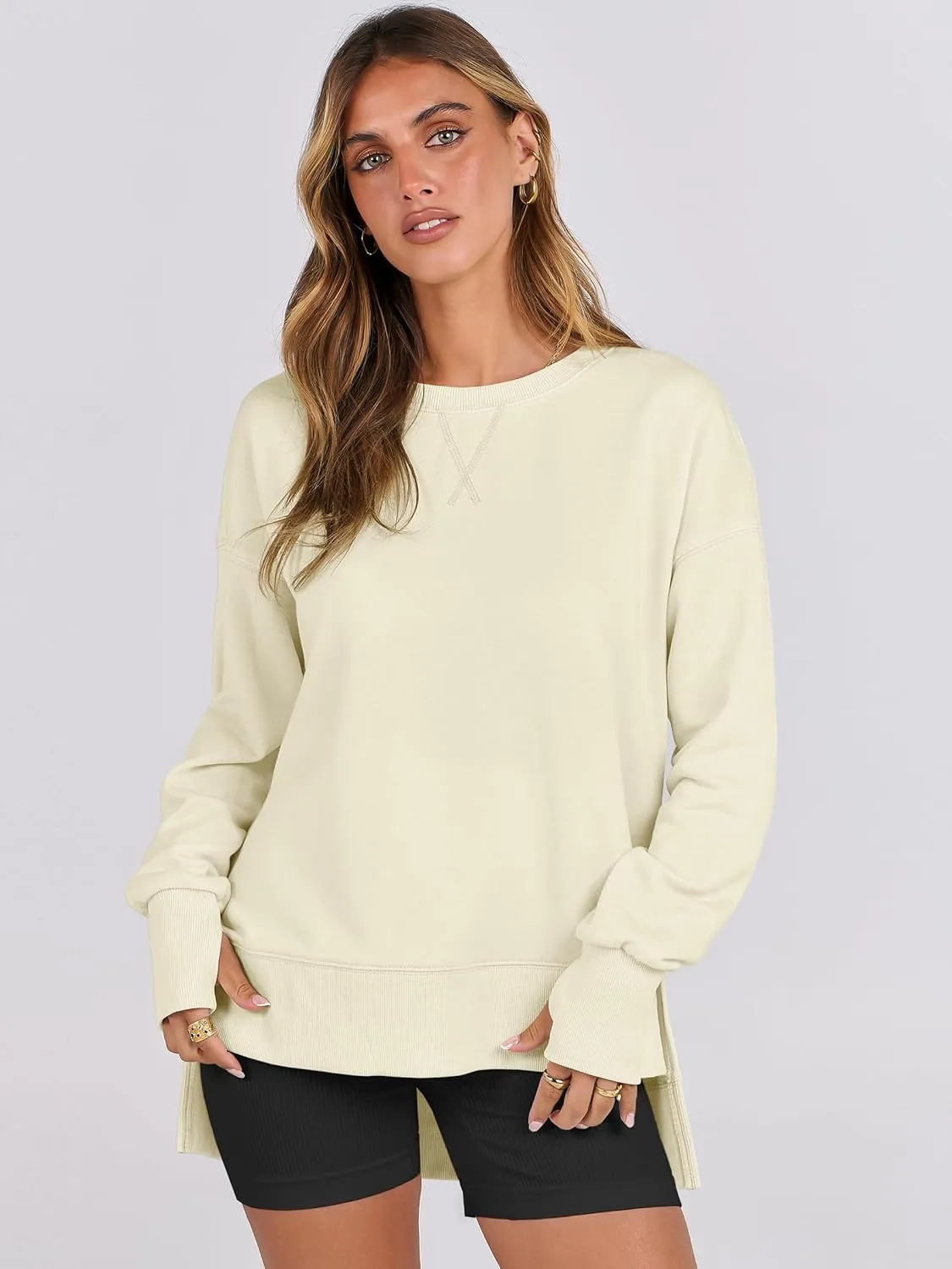 ANRABESS Sweatshirts for women 2025 Fall Fashion Long Sleeve Shirts Crewneck Lightweight Side Split Casual Pullover Top