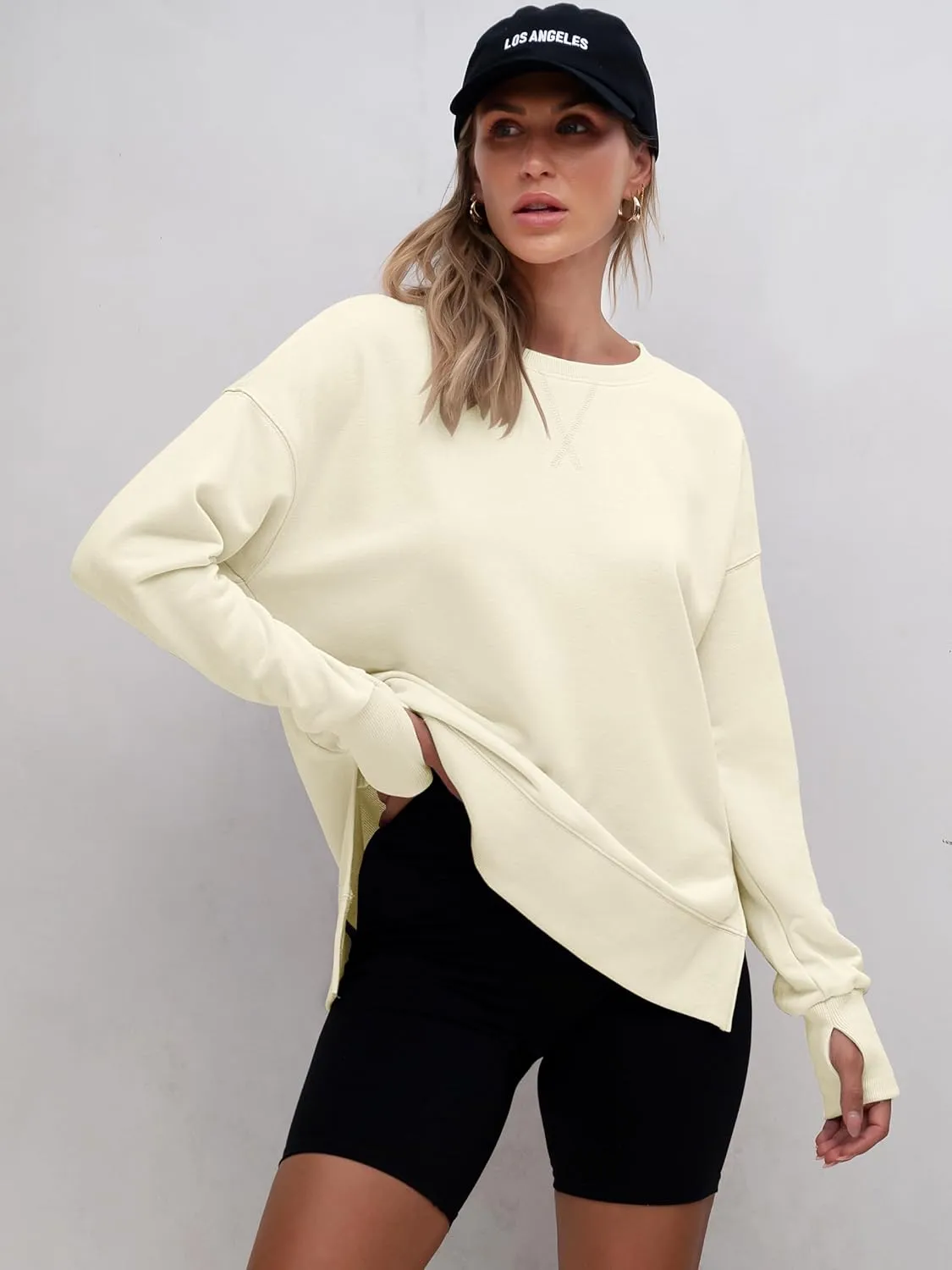 ANRABESS Sweatshirts for women 2025 Fall Fashion Long Sleeve Shirts Crewneck Lightweight Side Split Casual Pullover Top
