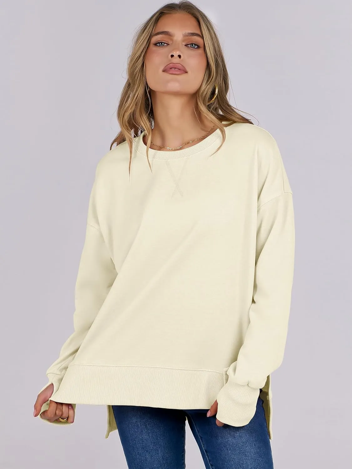 ANRABESS Sweatshirts for women 2025 Fall Fashion Long Sleeve Shirts Crewneck Lightweight Side Split Casual Pullover Top
