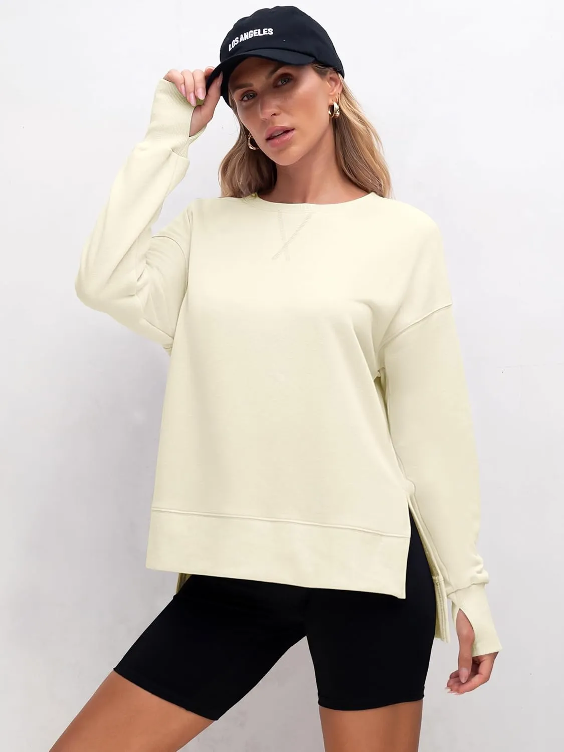 ANRABESS Sweatshirts for women 2025 Fall Fashion Long Sleeve Shirts Crewneck Lightweight Side Split Casual Pullover Top