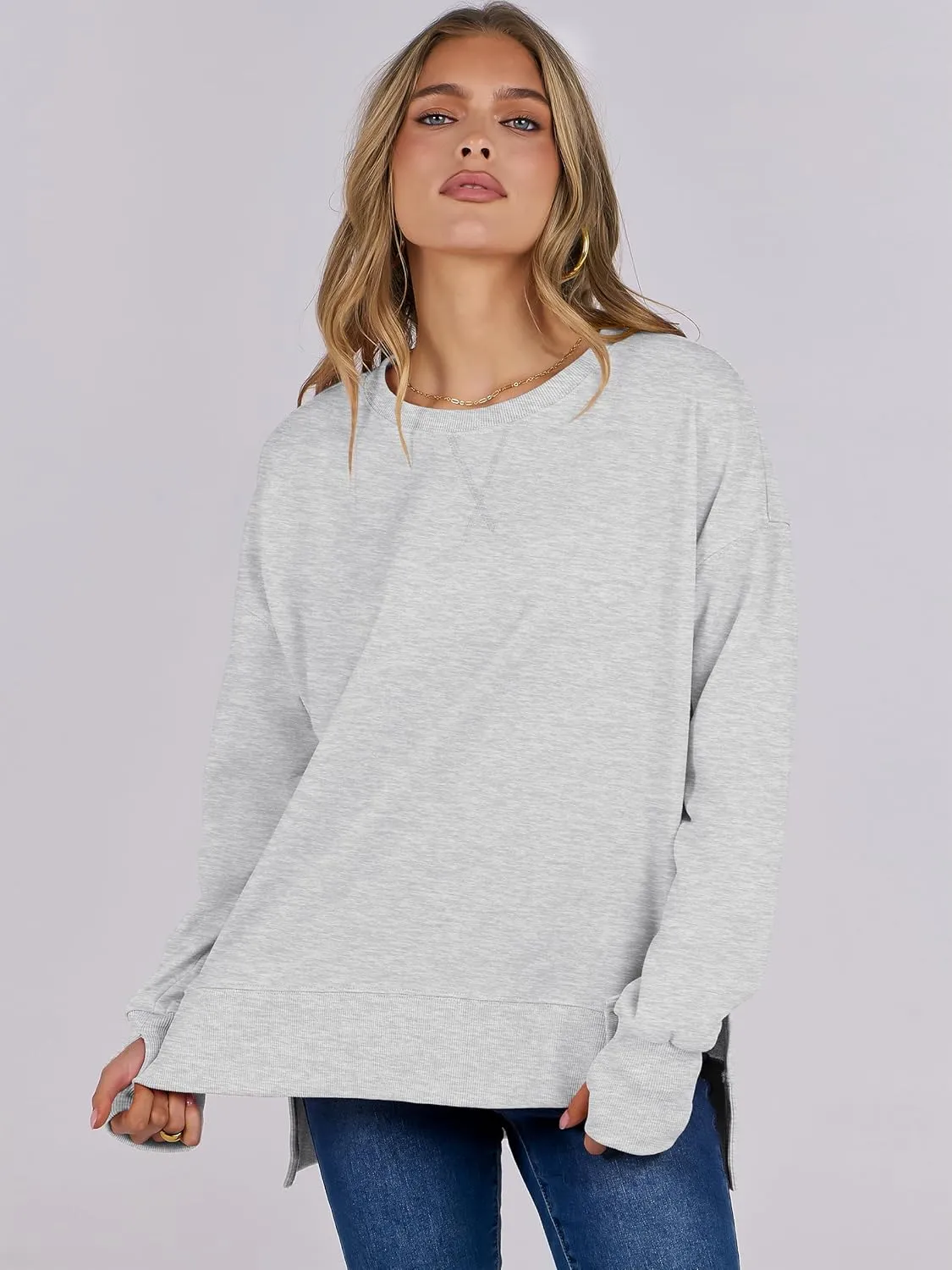 ANRABESS Sweatshirts for women 2025 Fall Fashion Long Sleeve Shirts Crewneck Lightweight Side Split Casual Pullover Top