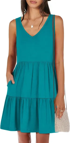 ANRABESS Womens Summer Casual Tank Dress Sleeveless V Neck T Shirt Sundress Flowy Tiered Swing Mini Beach Vacation Dresses