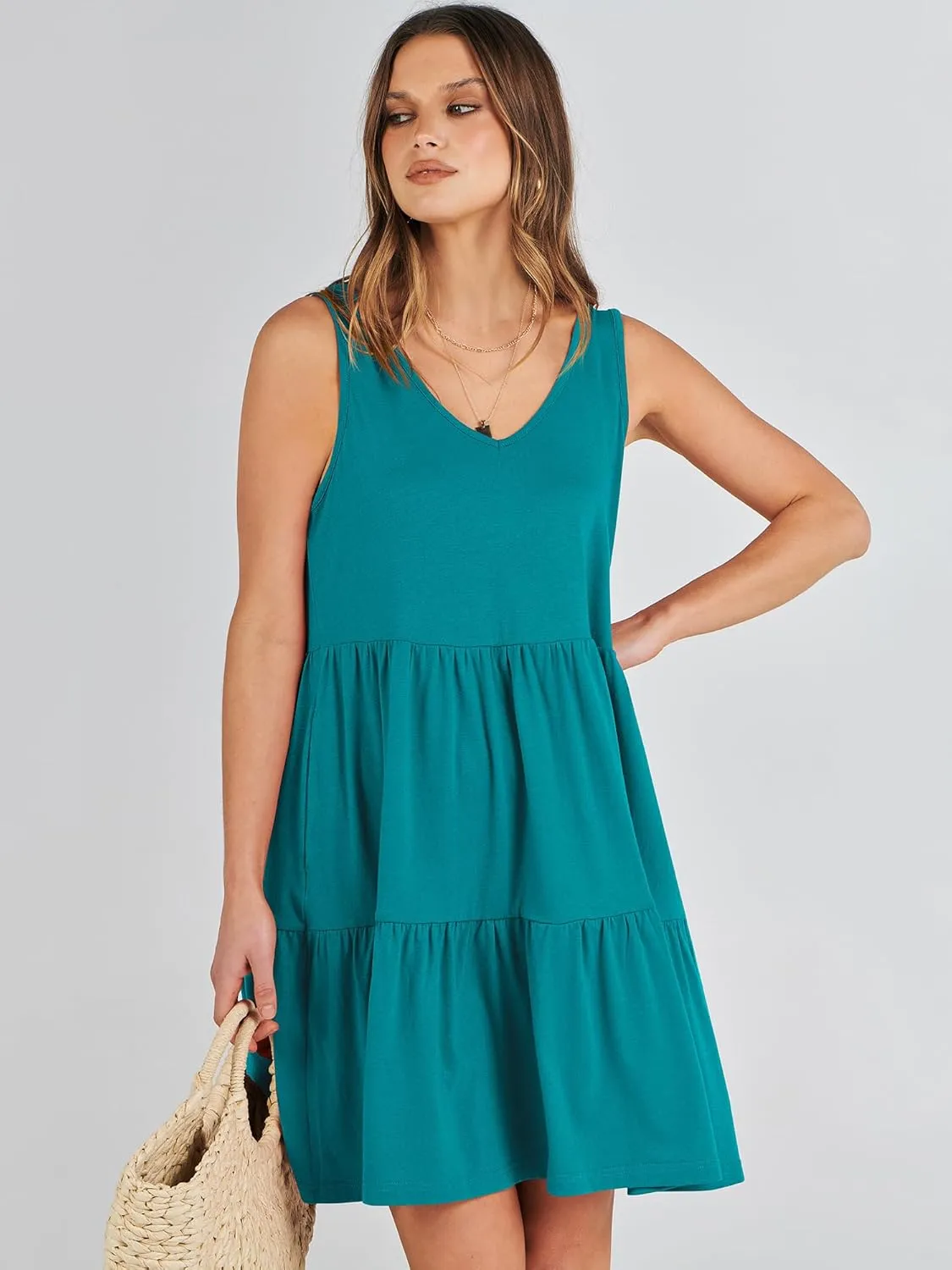ANRABESS Womens Summer Casual Tank Dress Sleeveless V Neck T Shirt Sundress Flowy Tiered Swing Mini Beach Vacation Dresses