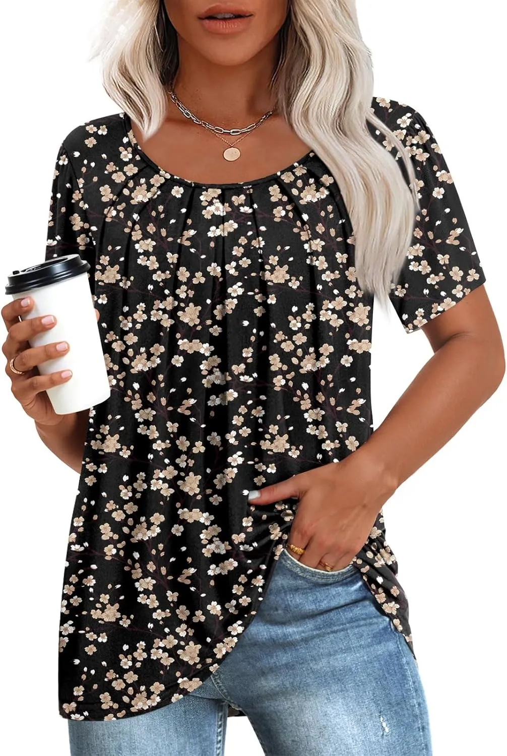 Anymeet Womens Summer Tops Casual Shirts Pleated Tunic M-3XL