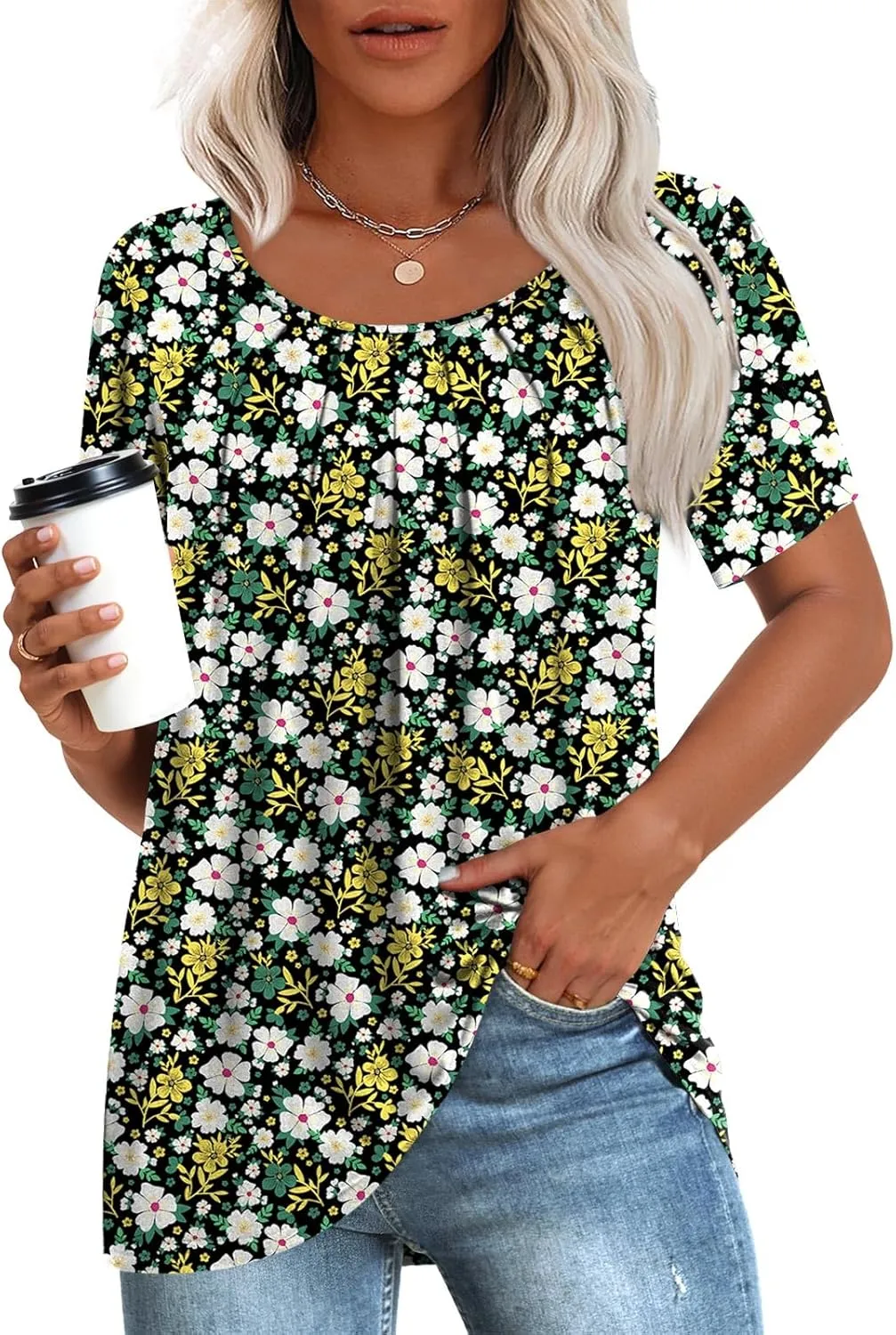 Anymeet Womens Summer Tops Casual Shirts Pleated Tunic M-3XL