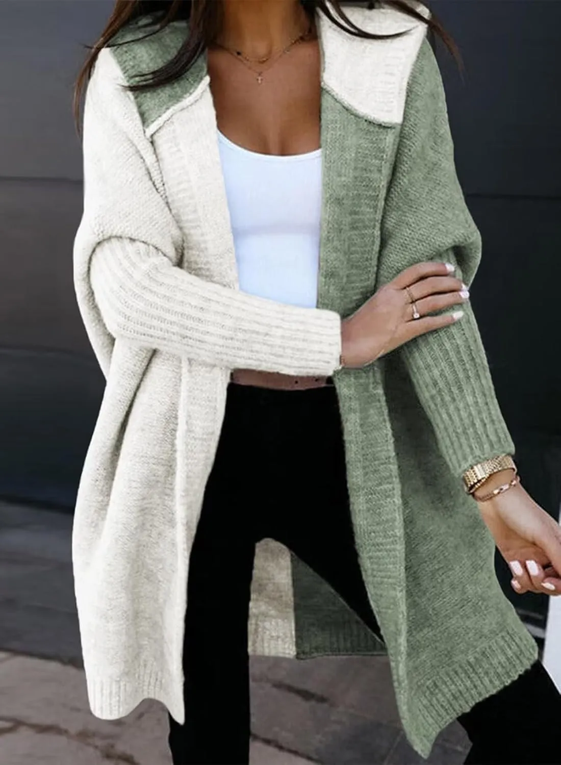 Astylish Women 2025 Open Front Long Sleeve Hooded Knit Cardigan Sweaters Color Block Outwear Coats