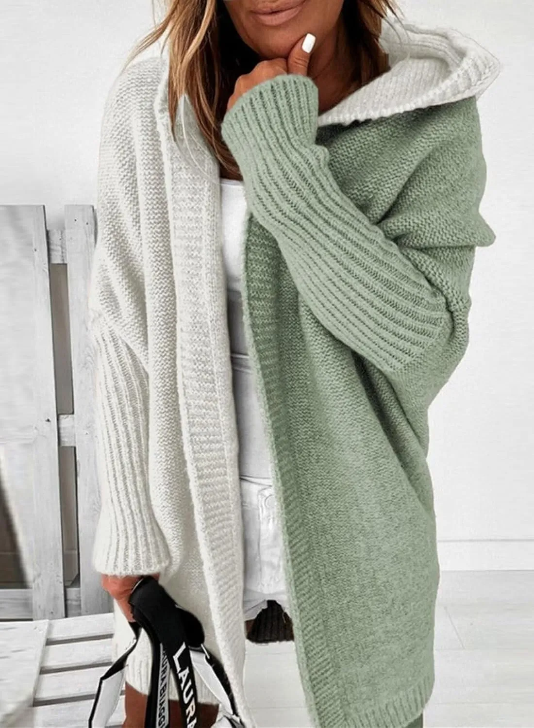 Astylish Women 2025 Open Front Long Sleeve Hooded Knit Cardigan Sweaters Color Block Outwear Coats