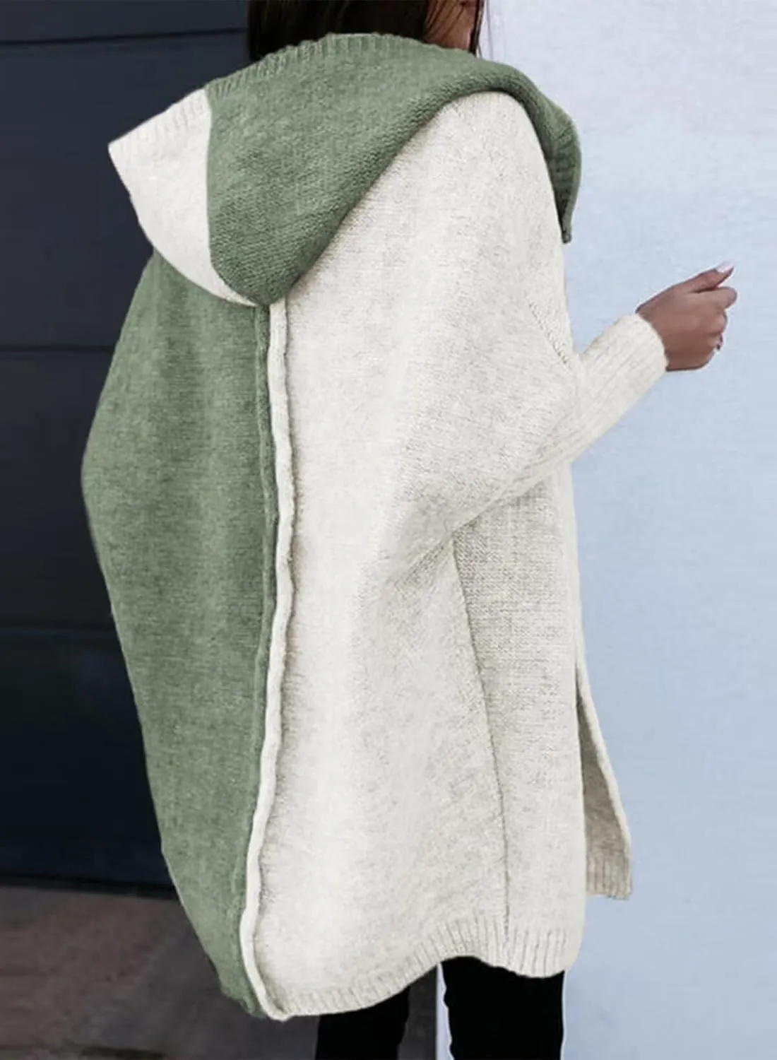 Astylish Women 2025 Open Front Long Sleeve Hooded Knit Cardigan Sweaters Color Block Outwear Coats