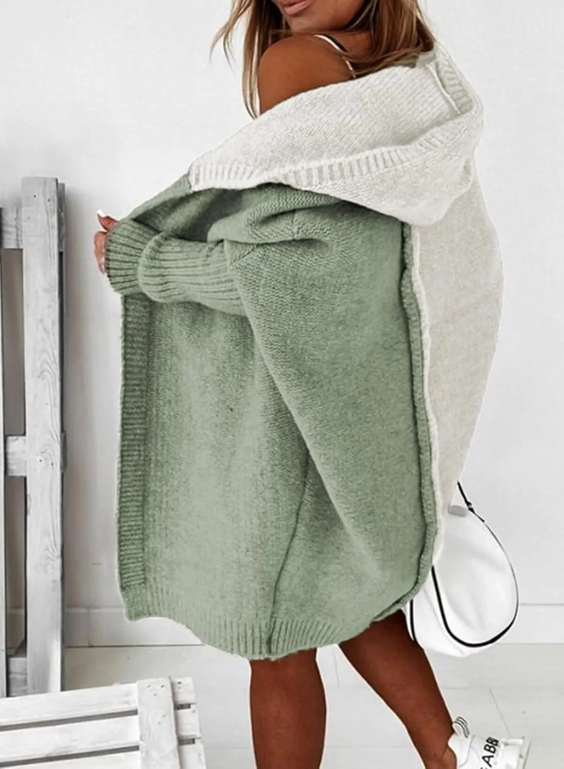 Astylish Women 2025 Open Front Long Sleeve Hooded Knit Cardigan Sweaters Color Block Outwear Coats