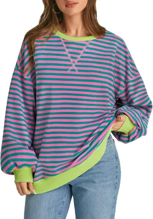 ATHMILE Women's Striped Oversized Sweatshirt Long Sleeve Shirts for Women Crewneck Hoodies Casual Pullover Top Y2K Tops