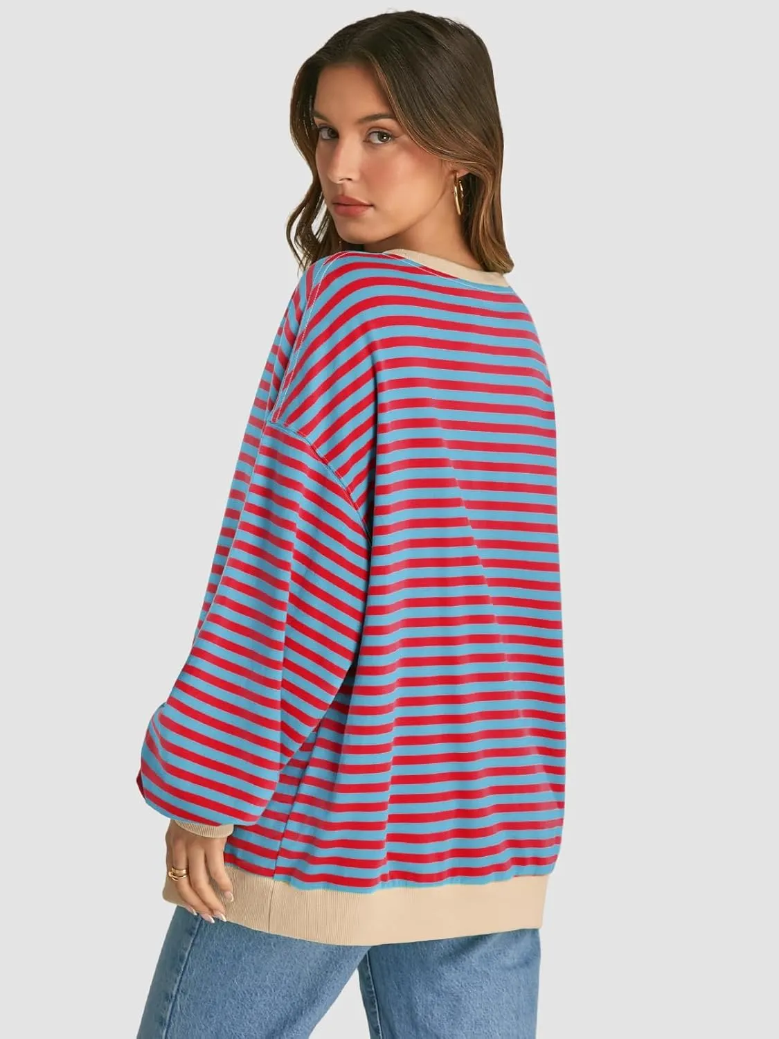 ATHMILE Women's Striped Oversized Sweatshirt Long Sleeve Shirts for Women Crewneck Hoodies Casual Pullover Top Y2K Tops