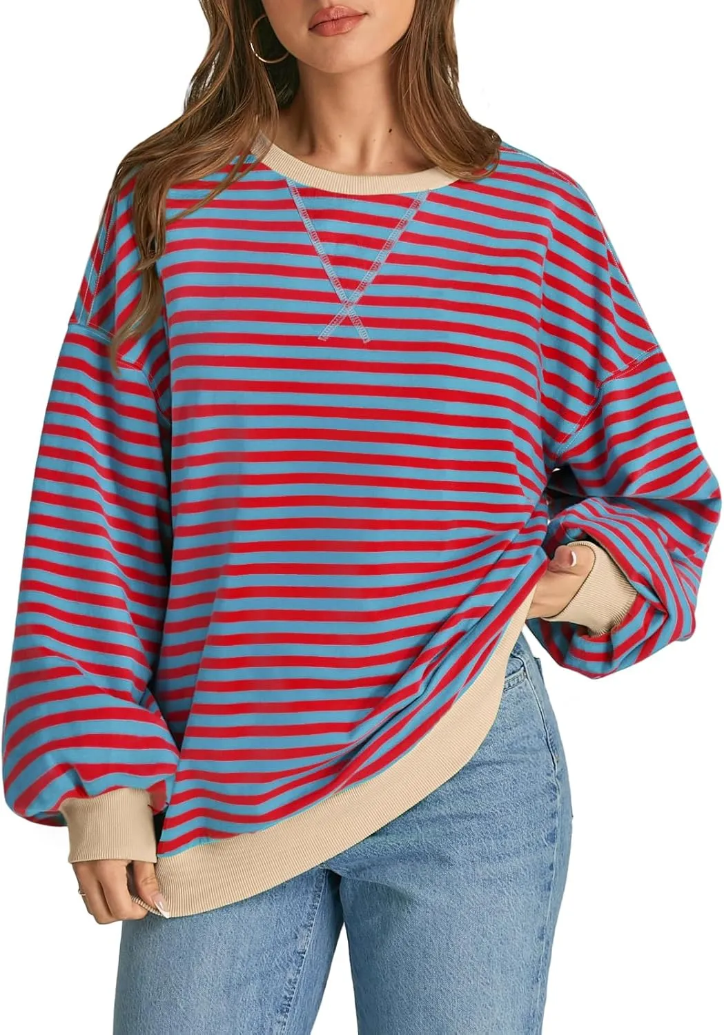 ATHMILE Women's Striped Oversized Sweatshirt Long Sleeve Shirts for Women Crewneck Hoodies Casual Pullover Top Y2K Tops
