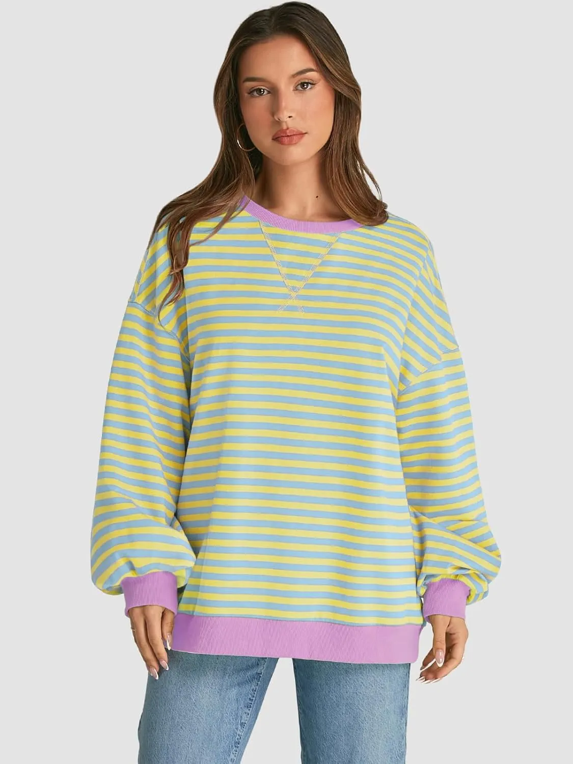 ATHMILE Women's Striped Oversized Sweatshirt Long Sleeve Shirts for Women Crewneck Hoodies Casual Pullover Top Y2K Tops