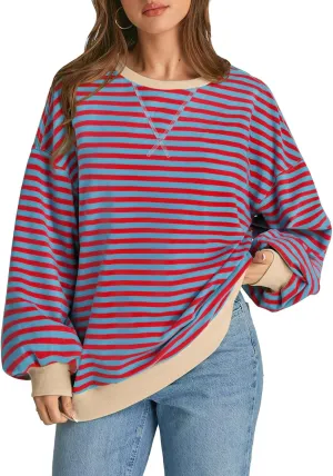 ATHMILE Women's Striped Oversized Sweatshirt Long Sleeve Shirts for Women Crewneck Hoodies Casual Pullover Top Y2K Tops
