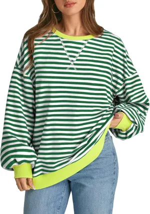 ATHMILE Women's Striped Oversized Sweatshirt Long Sleeve Shirts for Women Crewneck Hoodies Casual Pullover Top Y2K Tops