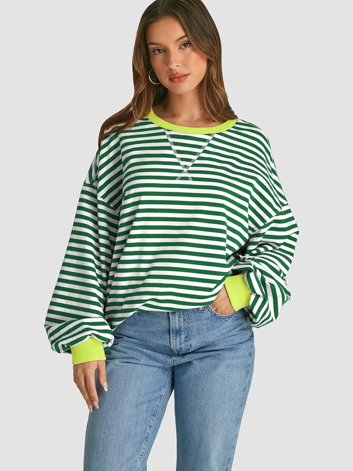 ATHMILE Women's Striped Oversized Sweatshirt Long Sleeve Shirts for Women Crewneck Hoodies Casual Pullover Top Y2K Tops
