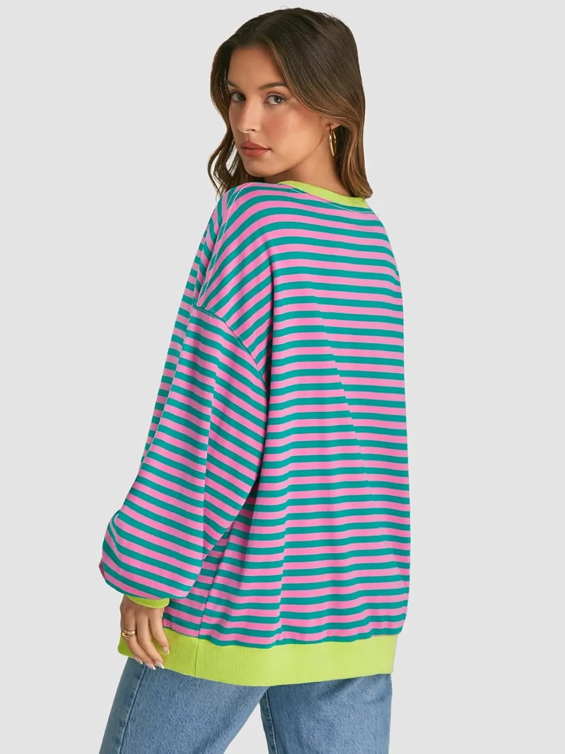 ATHMILE Women's Striped Oversized Sweatshirt Long Sleeve Shirts for Women Crewneck Hoodies Casual Pullover Top Y2K Tops