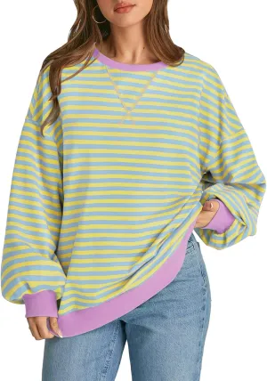 ATHMILE Women's Striped Oversized Sweatshirt Long Sleeve Shirts for Women Crewneck Hoodies Casual Pullover Top Y2K Tops