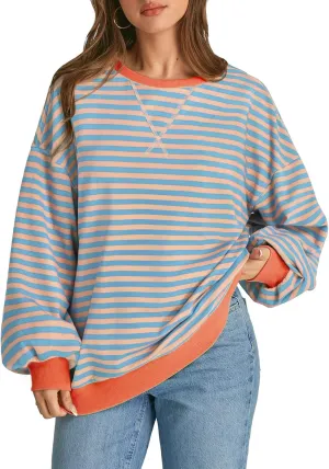 ATHMILE Women's Striped Oversized Sweatshirt Long Sleeve Shirts for Women Crewneck Hoodies Casual Pullover Top Y2K Tops