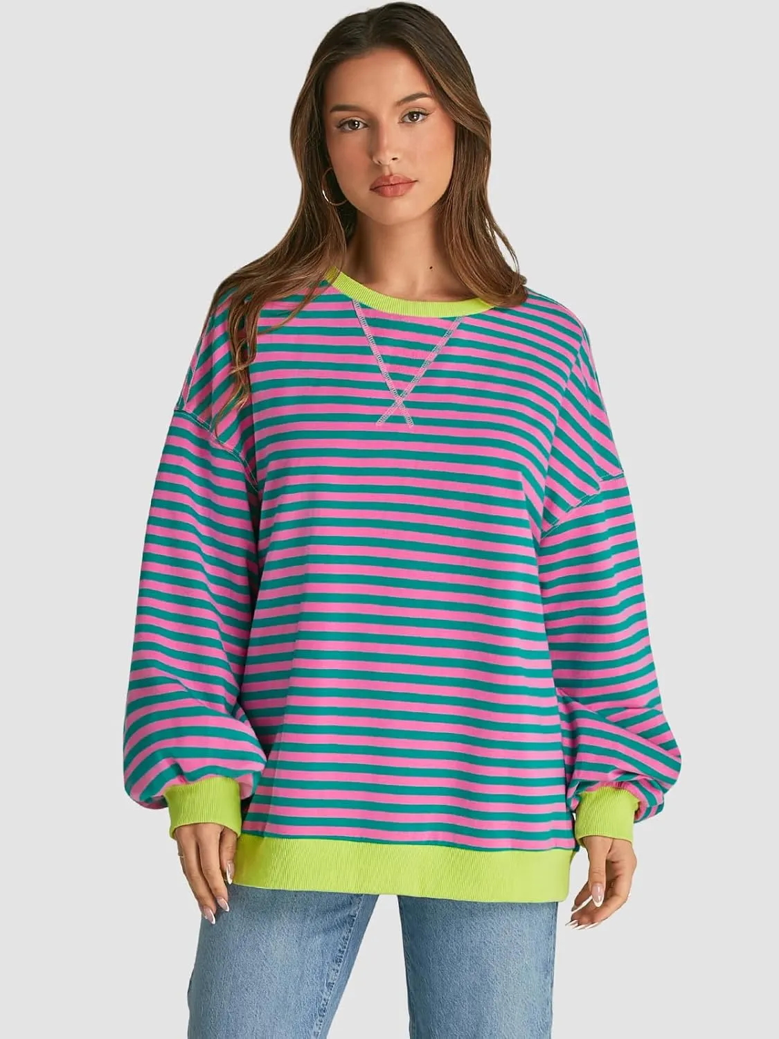ATHMILE Women's Striped Oversized Sweatshirt Long Sleeve Shirts for Women Crewneck Hoodies Casual Pullover Top Y2K Tops
