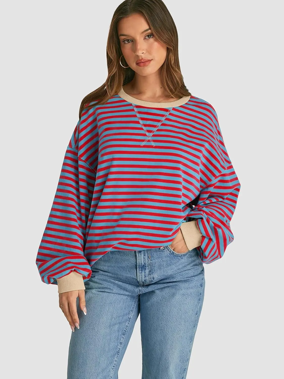 ATHMILE Women's Striped Oversized Sweatshirt Long Sleeve Shirts for Women Crewneck Hoodies Casual Pullover Top Y2K Tops