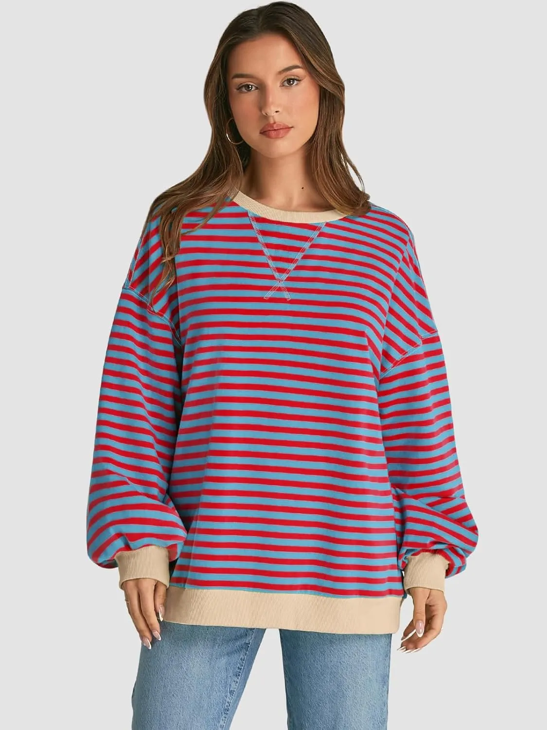 ATHMILE Women's Striped Oversized Sweatshirt Long Sleeve Shirts for Women Crewneck Hoodies Casual Pullover Top Y2K Tops