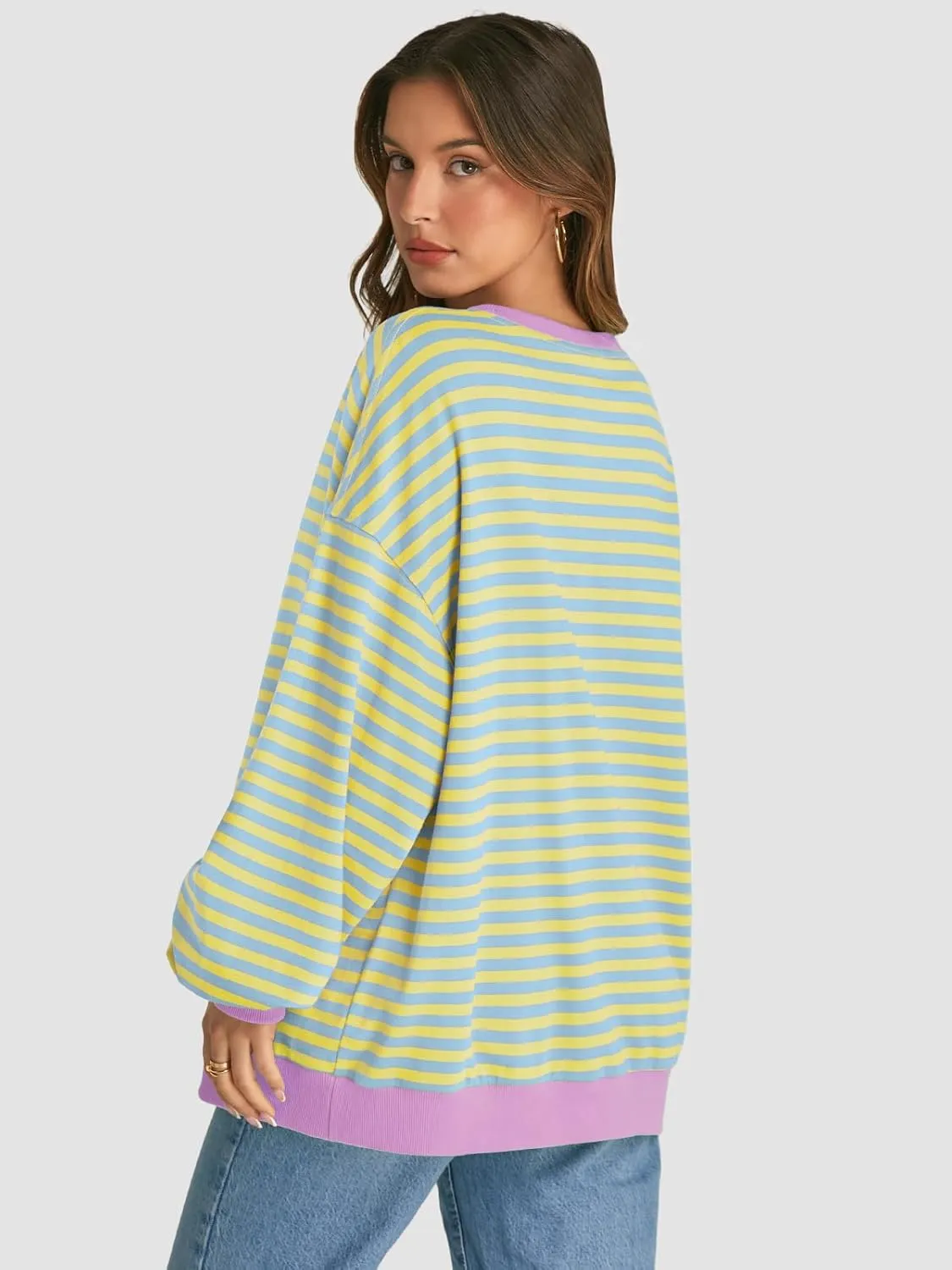 ATHMILE Women's Striped Oversized Sweatshirt Long Sleeve Shirts for Women Crewneck Hoodies Casual Pullover Top Y2K Tops
