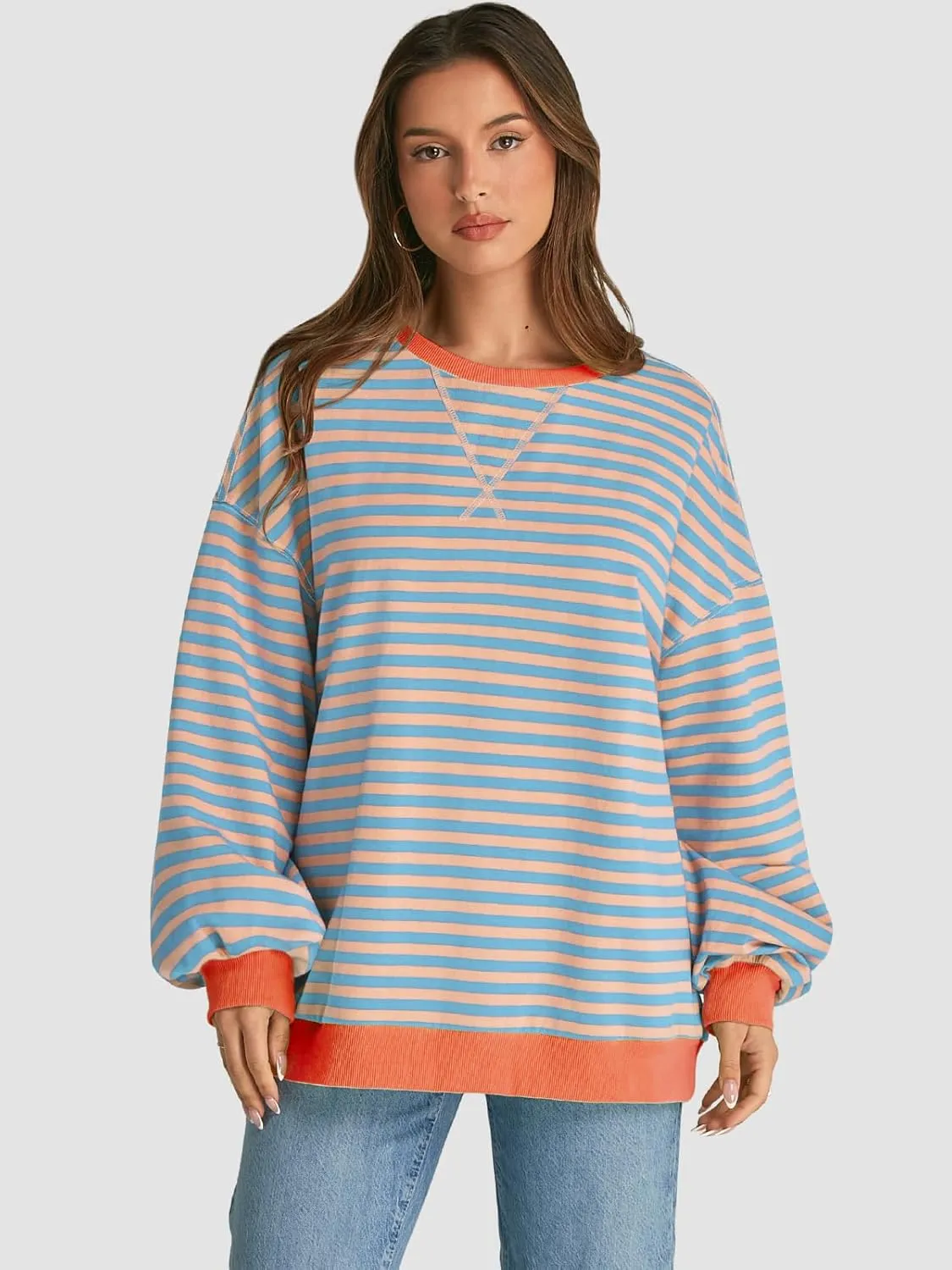 ATHMILE Women's Striped Oversized Sweatshirt Long Sleeve Shirts for Women Crewneck Hoodies Casual Pullover Top Y2K Tops