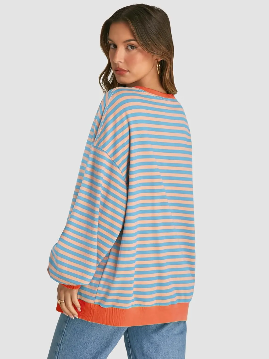 ATHMILE Women's Striped Oversized Sweatshirt Long Sleeve Shirts for Women Crewneck Hoodies Casual Pullover Top Y2K Tops