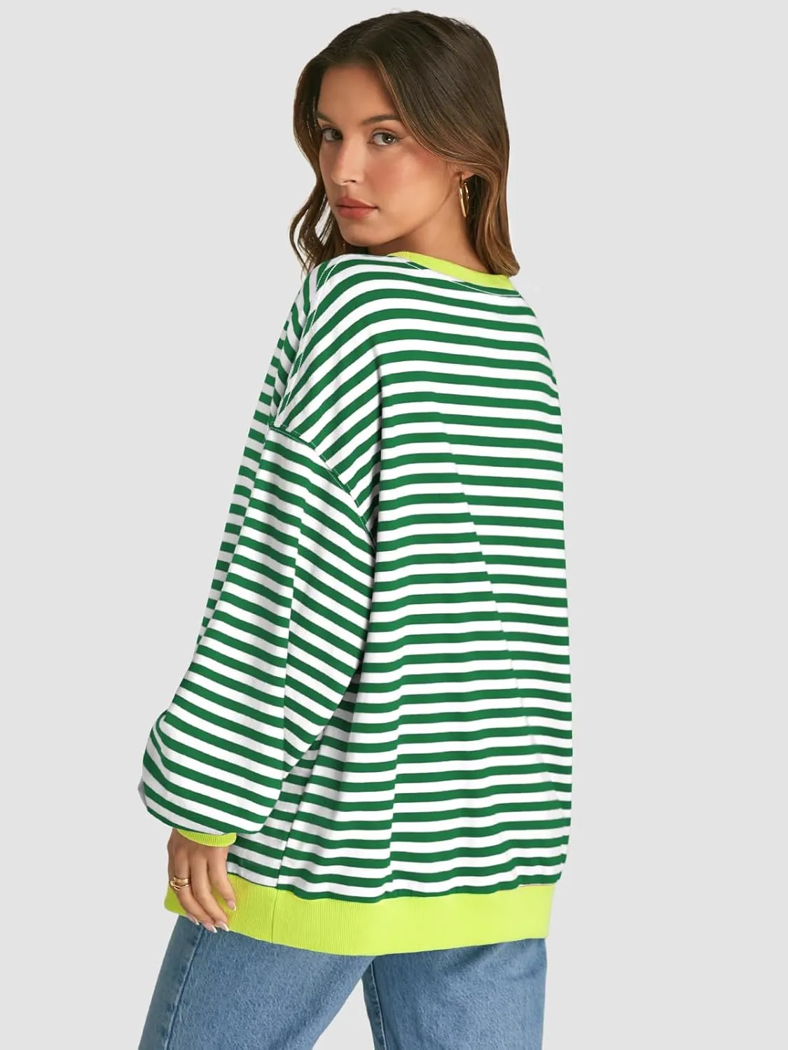 ATHMILE Women's Striped Oversized Sweatshirt Long Sleeve Shirts for Women Crewneck Hoodies Casual Pullover Top Y2K Tops