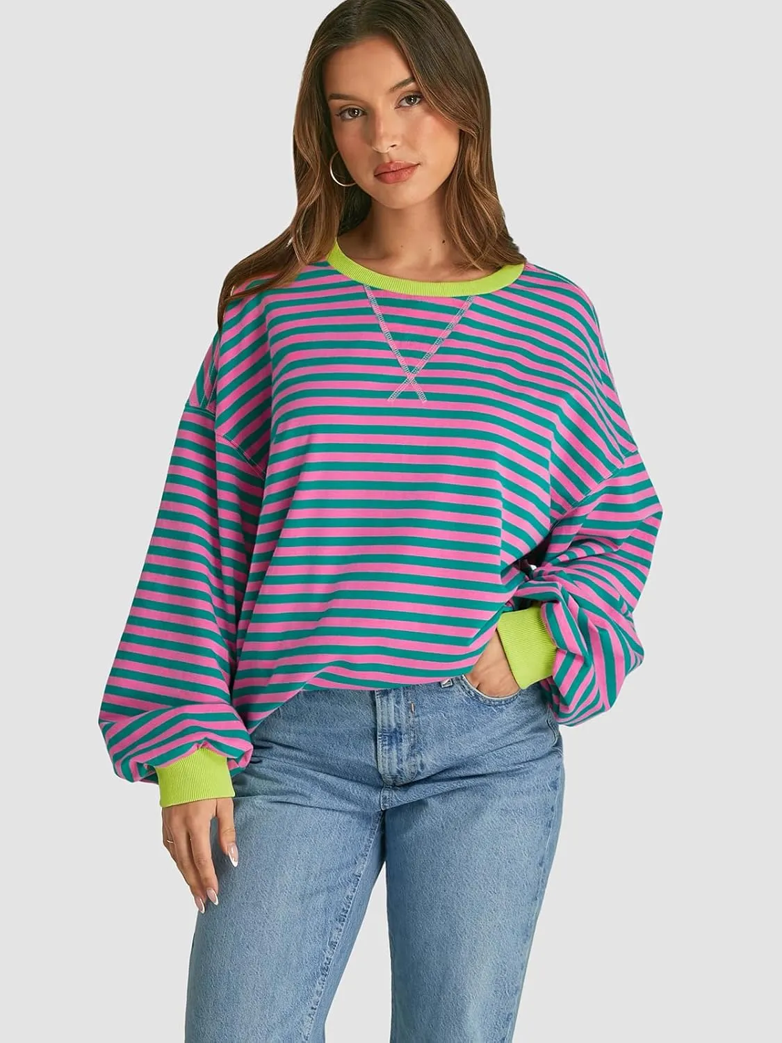 ATHMILE Women's Striped Oversized Sweatshirt Long Sleeve Shirts for Women Crewneck Hoodies Casual Pullover Top Y2K Tops