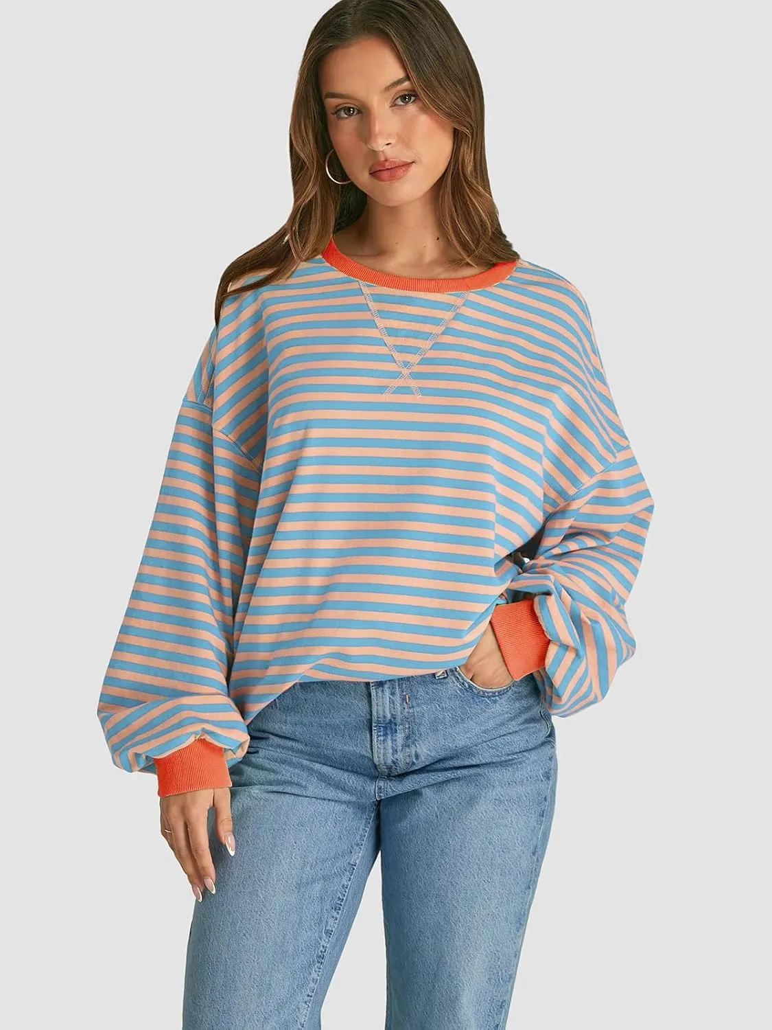 ATHMILE Women's Striped Oversized Sweatshirt Long Sleeve Shirts for Women Crewneck Hoodies Casual Pullover Top Y2K Tops