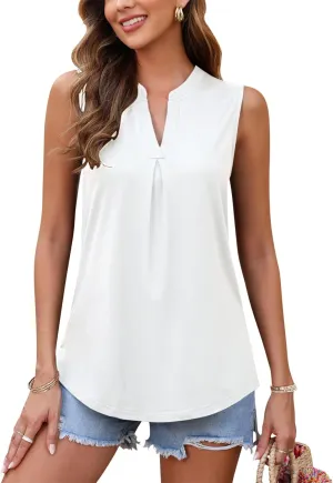 AUSELILY Womens 2025 Summer Tank Tops Causal Ladies V Neck Sleeveless Loose Pleated Shirts Blouse