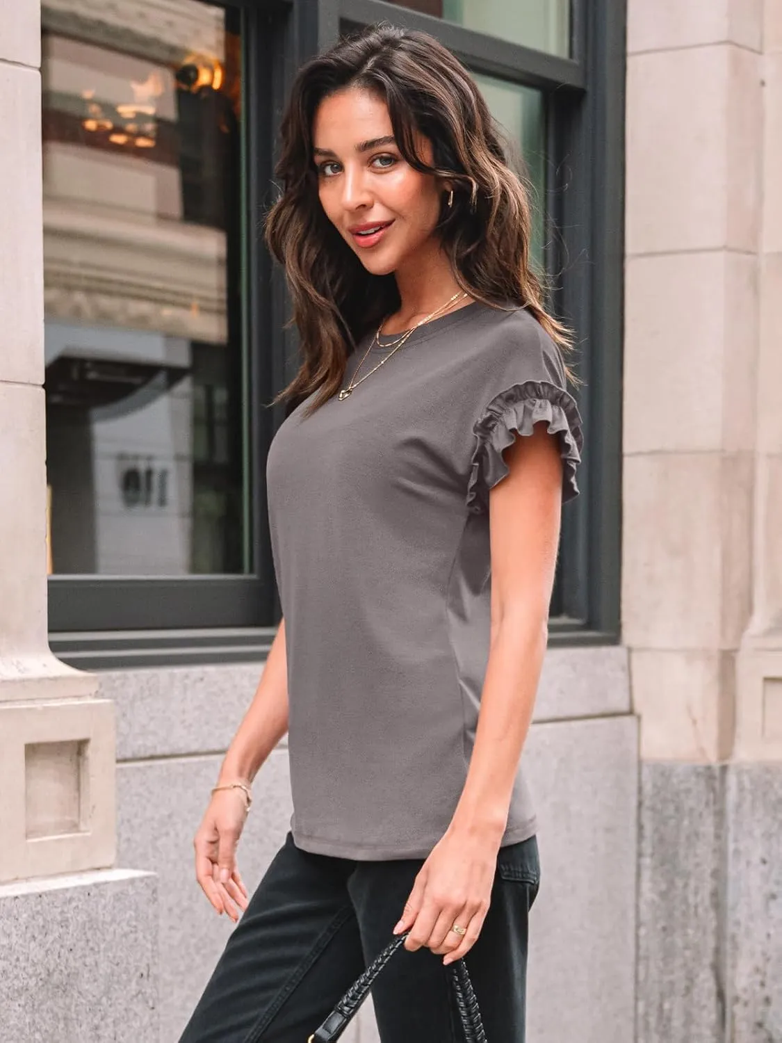 AUTOMET Womens Short Sleeve Tops Summer Tshirts Casual 2025 Cute Ruffle Crewneck Trendy Fashion Dressy Cute Work Outfits