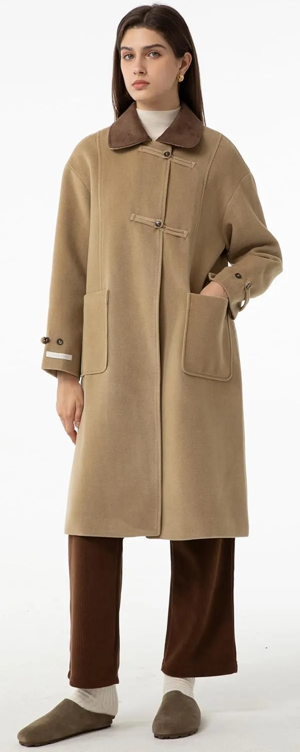 Babalet Wool Blend Pea Coat Fleece Trench Coat Turndown Collar Jacket 2024 Women Fall Fashion