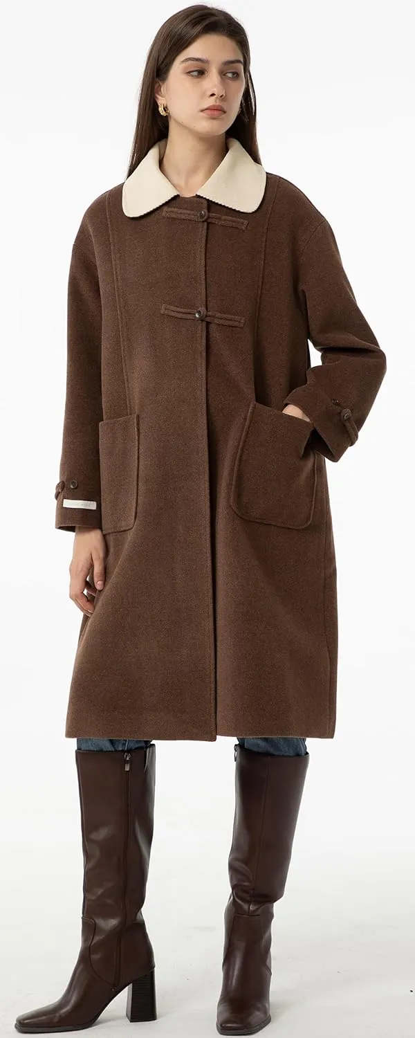 Babalet Wool Blend Pea Coat Fleece Trench Coat Turndown Collar Jacket 2024 Women Fall Fashion