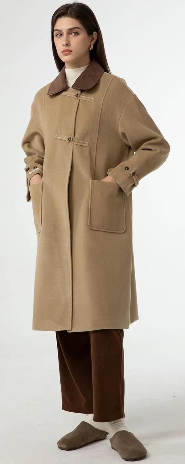 Babalet Wool Blend Pea Coat Fleece Trench Coat Turndown Collar Jacket 2024 Women Fall Fashion