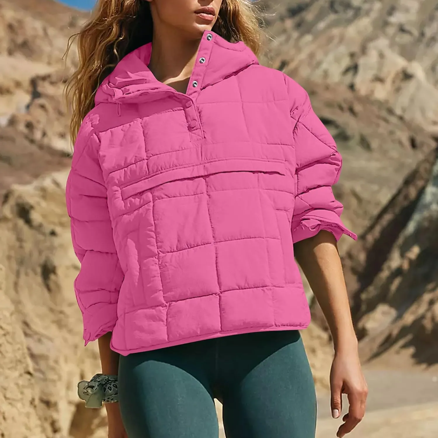 Basysin Pullover Puffer Bomber Jacket Quilted Jackets for Women Lightweight Long Sleeve Button Down Warm Coat with Pockets