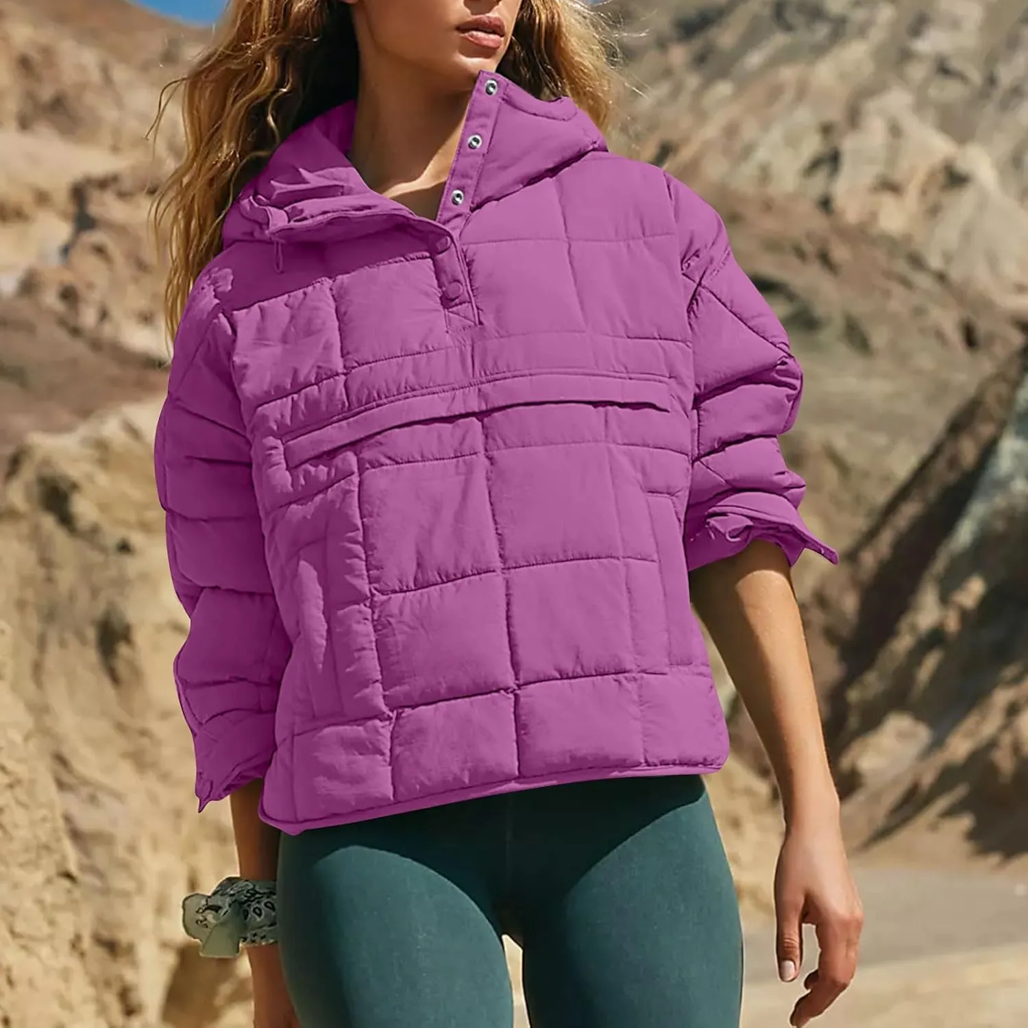 Basysin Pullover Puffer Bomber Jacket Quilted Jackets for Women Lightweight Long Sleeve Button Down Warm Coat with Pockets