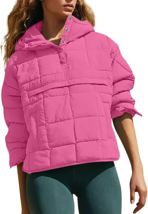 Basysin Pullover Puffer Bomber Jacket Quilted Jackets for Women Lightweight Long Sleeve Button Down Warm Coat with Pockets