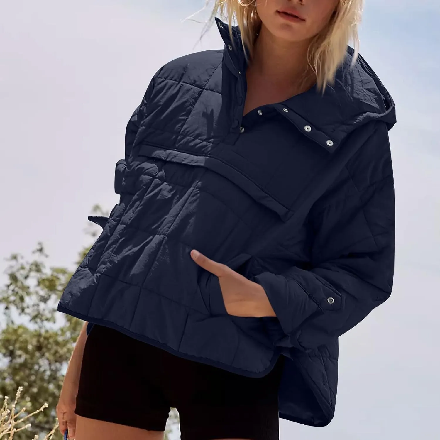 Basysin Pullover Puffer Bomber Jacket Quilted Jackets for Women Lightweight Long Sleeve Button Down Warm Coat with Pockets