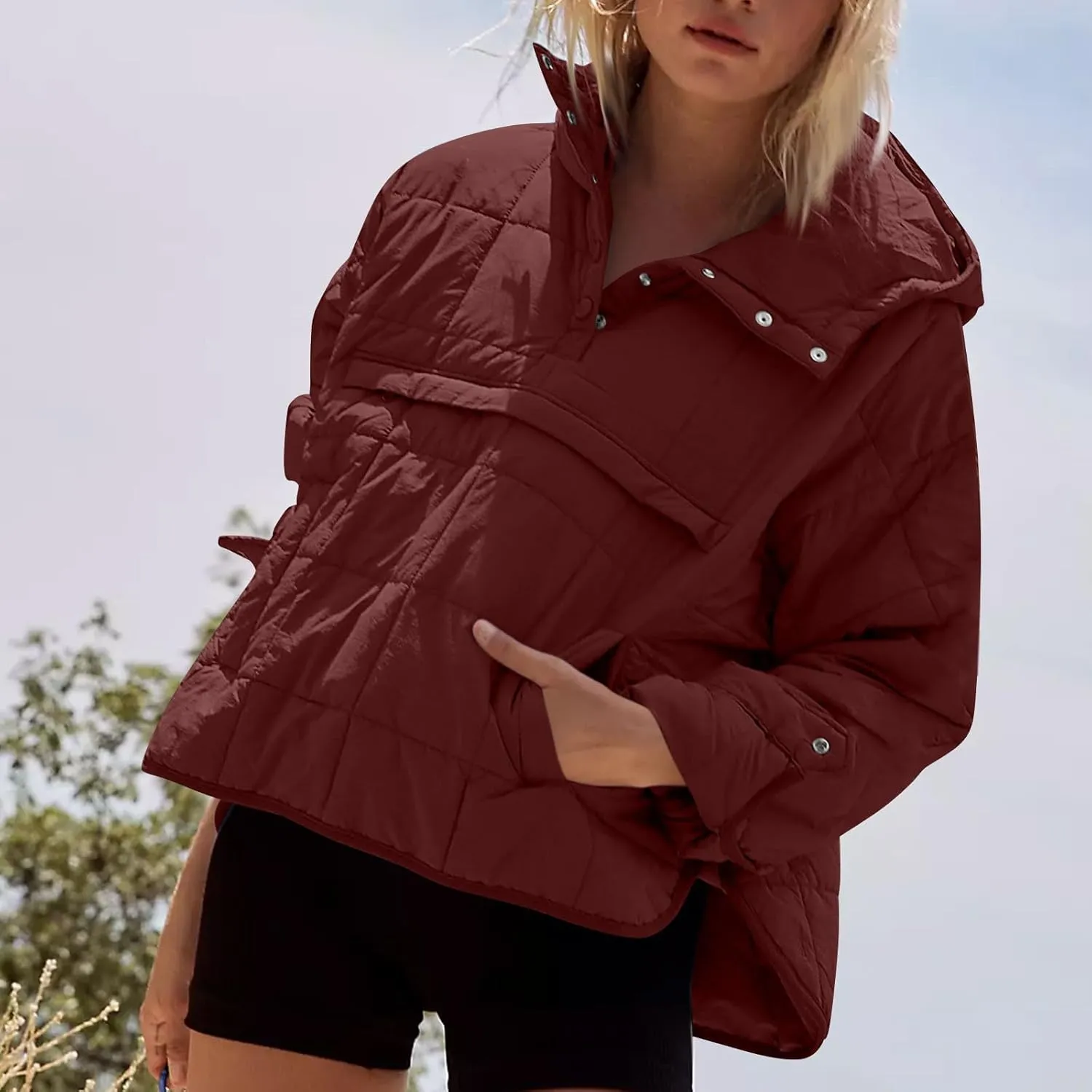 Basysin Pullover Puffer Bomber Jacket Quilted Jackets for Women Lightweight Long Sleeve Button Down Warm Coat with Pockets