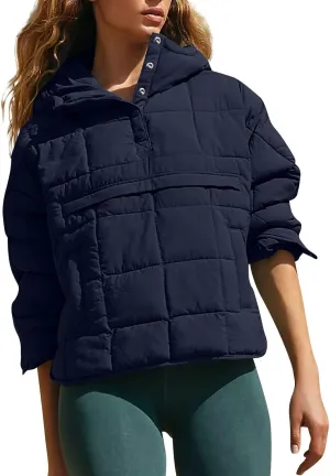 Basysin Pullover Puffer Bomber Jacket Quilted Jackets for Women Lightweight Long Sleeve Button Down Warm Coat with Pockets