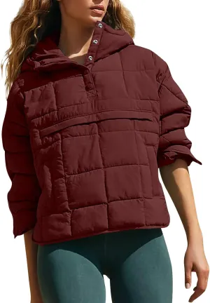 Basysin Pullover Puffer Bomber Jacket Quilted Jackets for Women Lightweight Long Sleeve Button Down Warm Coat with Pockets