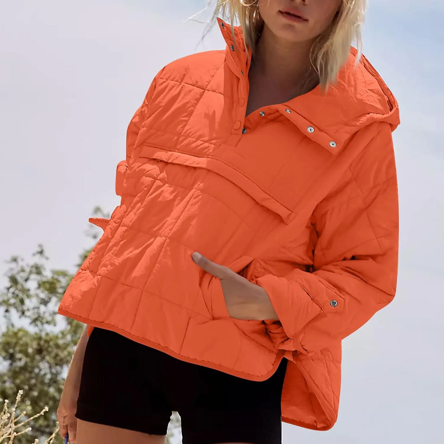 Basysin Pullover Puffer Bomber Jacket Quilted Jackets for Women Lightweight Long Sleeve Button Down Warm Coat with Pockets