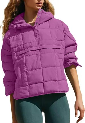 Basysin Pullover Puffer Bomber Jacket Quilted Jackets for Women Lightweight Long Sleeve Button Down Warm Coat with Pockets
